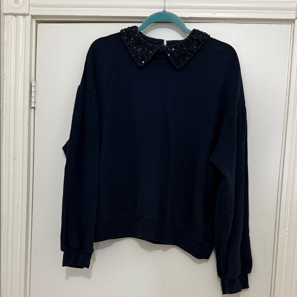 J. Crew Navy Sweater with Sequin Embellished Collar